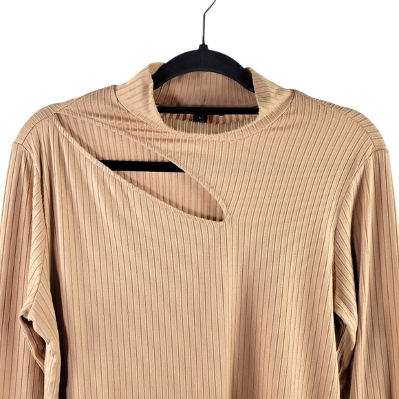 INC International Concepts Tan Ribbed Mock Neck Long Sleeve Cutout Top Size L - Picture 2 of 8